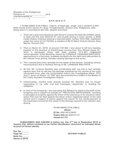 Complaint Affidavit Damages For Reckless .